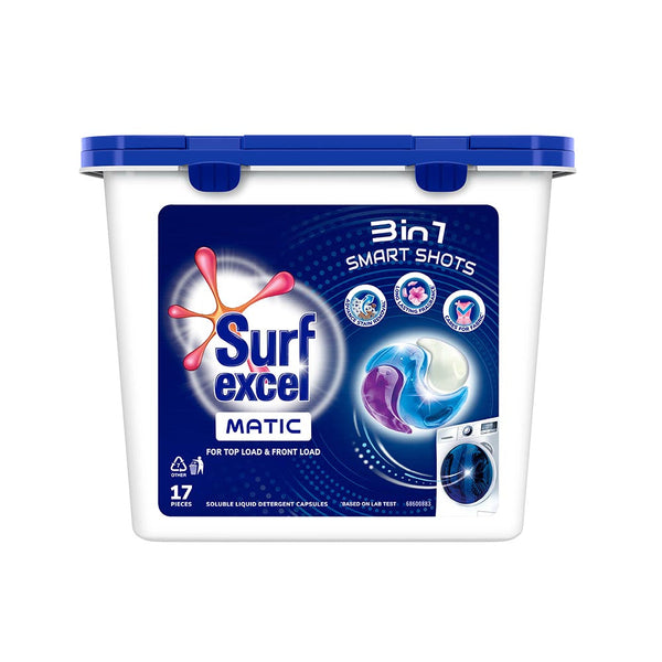 Surf Excel Matic 3-in-1 Smart Shots, for both front load and top load machines. Pack of 17