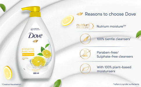 Dove Energising Body wash with energising lemon scent and nourishing Vitamin C|| 100% gentle cleansers|| paraben free/ sulphate free cleansers|| 100% plant- based moisturisers|| 800ml