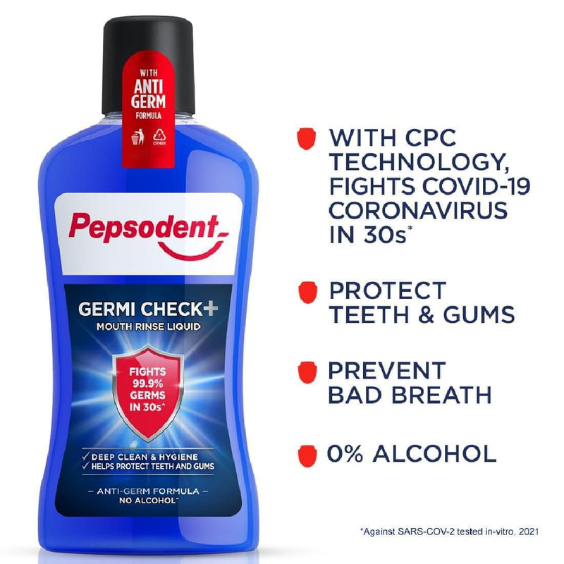 (Pack of 4) Pepsodent Germicheck Mouth Rinse and Mouth Wash Liquid - Fights COVID-19 Coronavirus in 30s -4x500ml