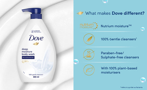 Dove Cream Beauty Bar - Soft, Smooth, Moisturised Skin, 3x125 g and Dove Deeply Nourishing Body Wash 800ml