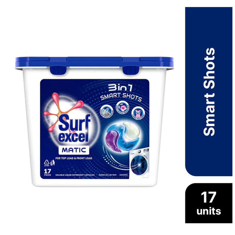 Surf Excel Matic 3-in-1 Smart Shots, for both front load and top load machines. Pack of 17