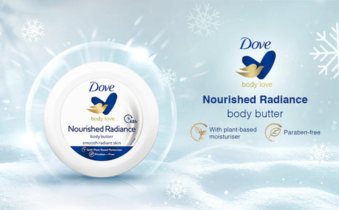 Dove Body Love Nourished Radiance Body Butter Paraben Free|| 48hrs Moisturisation with Plant Based moisturiser Soft Radiant Skin 140g