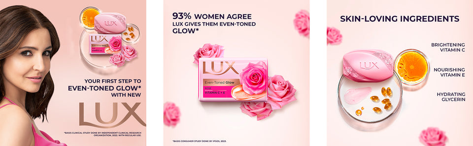 Lux Even-Toned Glow Bathing Soap infused with Vitamin C & E |  Offer Pack of 150gx8