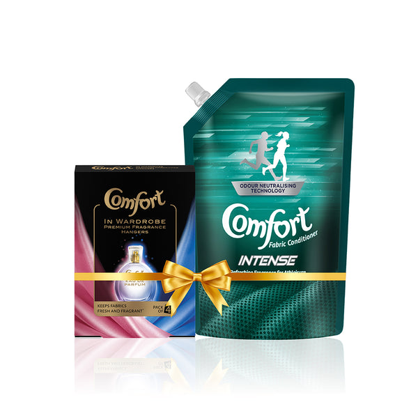 Comfort In-Wardrobe Premium Fragrance Hangers, Morning Fresh and Lily Fresh, pack of 4 & Comfort Intense 1L