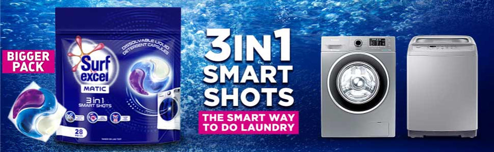 Surf Excel Matic 3-In-1 Smart Shots Doy Pack, For Both Front Load And Top Load Machines. Pack Of 28