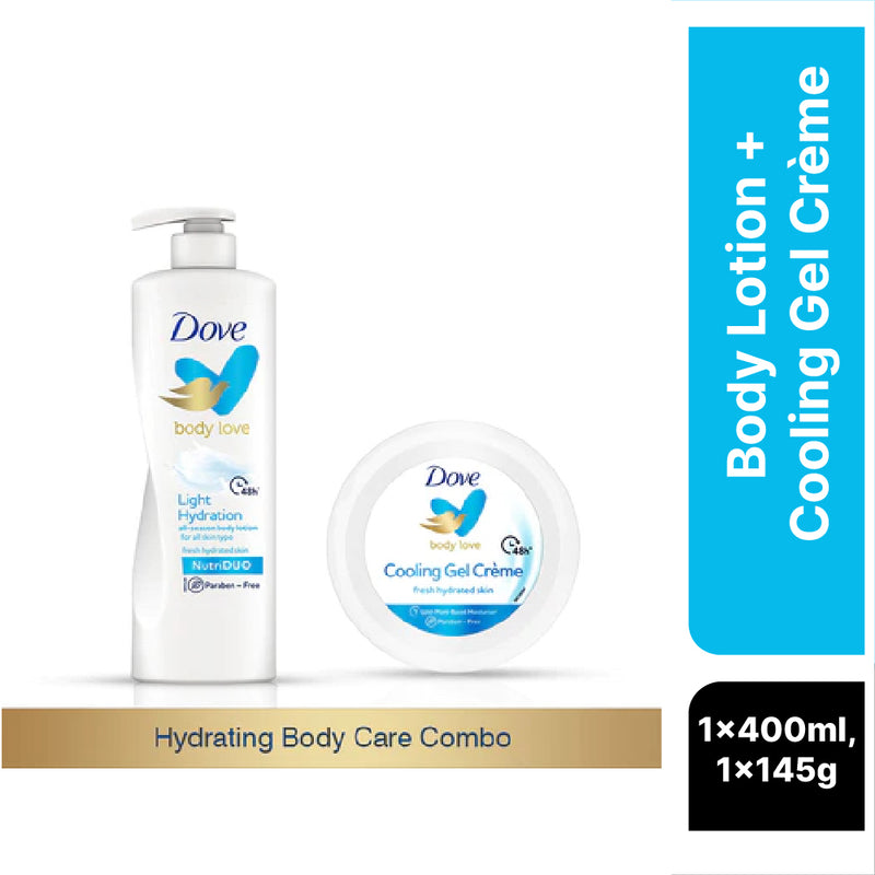 Dove Body Love Light Hydration Body Lotion Paraben Free 400ml and Dove Body Love Cooling Gel Crème Paraben Free 48hrs Hydration 145g (Combo Pack)