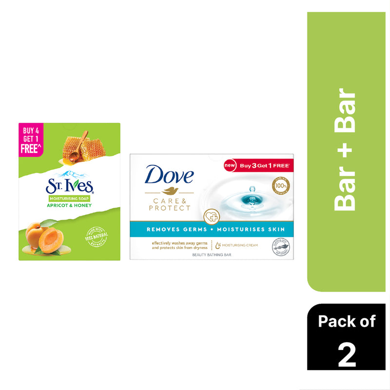 St Ives Coconut Water & Aloe Vera bathing scrub soap| Exfoliating soap with Walnut & Coconut|For Natural Glowing skin | Buy 4 Get 1 Free  AND Dove Care & Protect Bar, Removes 99% Germs & Moisturises Skin, 4x100 g