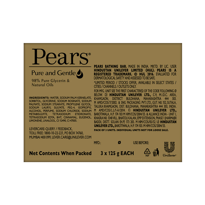 Pears Pure & Gentle Bathing Soap Bar 125 g (Combo Pack of 3) Moisturizing Glycerin Soap for Soft|| Glowing Skin & Body - Paraben Free|| For Men & Women