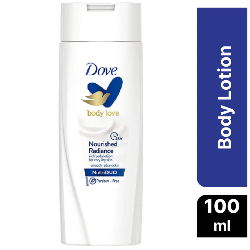 Dove Body Love Nourished Radiance Body Lotion For Very Dry Skin 48hrs Moisturisation Paraben Free with Plant Based moisturiser Soft Radiant Skin 100ml