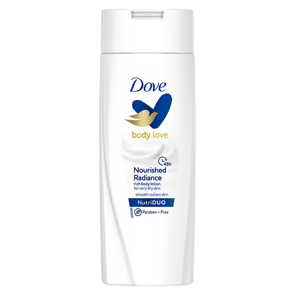 Dove Body Love Nourished Radiance Body Lotion For Very Dry Skin 48hrs Moisturisation Paraben Free with Plant Based moisturiser Soft Radiant Skin 100ml