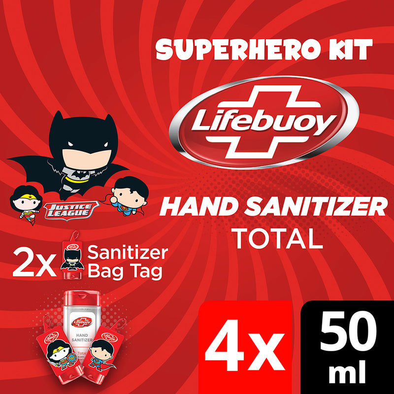 Lifebuoy Super Hero Kit|| 70% Alcohol Small Pocket Hand Sanitizer 50 ml (Combo Pack of 4) Liquid Gel - 2 Free Bag Tags Offer (Batman & Wonder Woman)