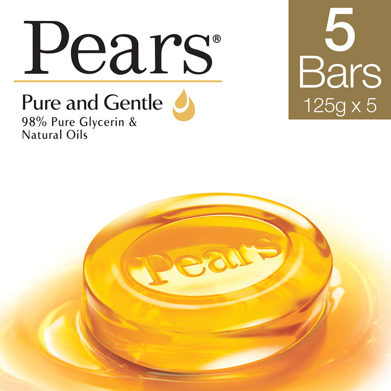 Pears Pure & Gentle Bathing Soap Bar 125 g (4+1 Free Combo) Moisturizing Glycerin Soap for Soft|| Glowing Skin & Body - Paraben Free|| For Men & Women