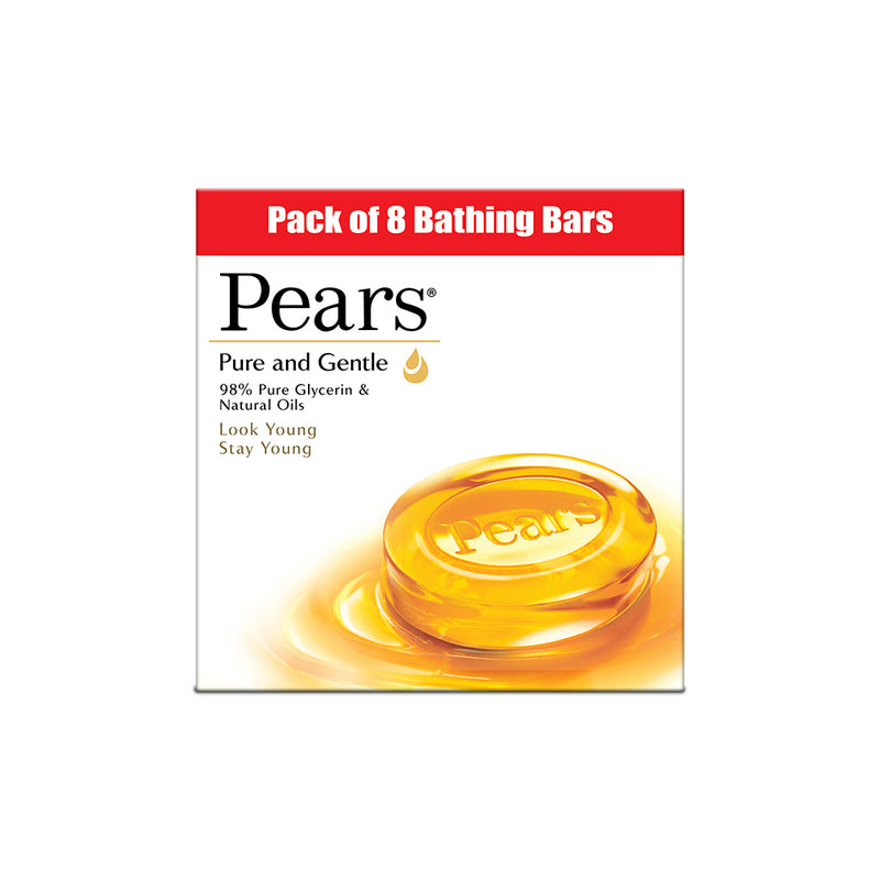 Pears Pure & Gentle Bathing Soap Bar 125 g (Combo Pack of 8) Moisturizing Glycerin Soap for Soft|| Glowing Skin & Body - Paraben Free|| For Men & Women