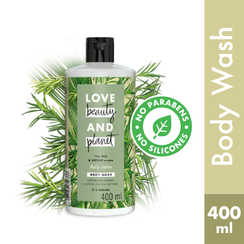 Love Beauty & Planet Natural Tea Tree Oil & Vetiver Purifying Body Wash, Plant-based Cleanser For Men & Women, Paraben Free, Sulphate Free, 400ml