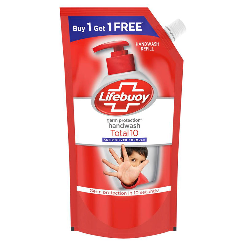 Lifebuoy Total 10 Germ Protection Liquid Hand Wash 750 ml Refill Pack (1+1 Free Combo) Kills 99.9% Germs|| Liquid Hand Soap Fights Bacteria and Viruses