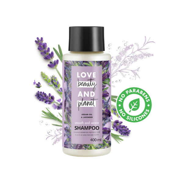Love Beauty & Planet Smoothening  Shampoo, With Natural Argan Oil & Lavender For Frizzy, Dry & Curly Hair, No Parabens, No Silicones, 400ml