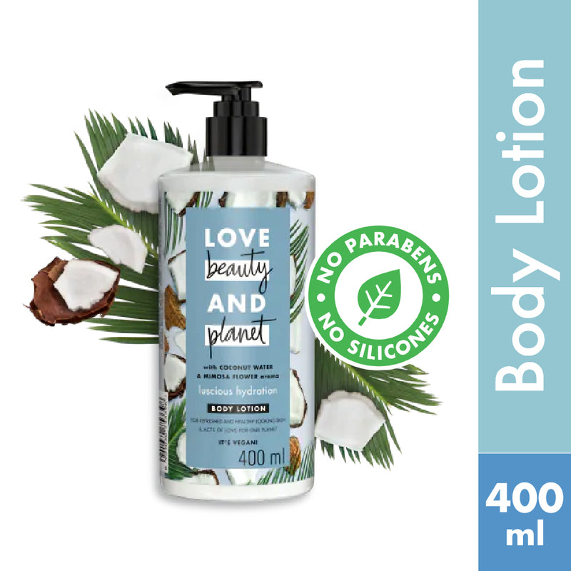 Love Beauty & Planet Natural Coconut Water & Mimosa Flower Hydrating Body Lotion, 24hr Moisturization, Non-Sticky, Paraben Free, 400ml