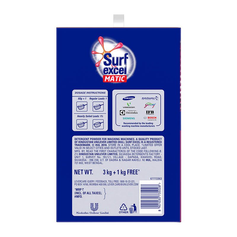 Surf Excel Matic Front Load Detergent Powder, 3 Kg + 1 kg Free