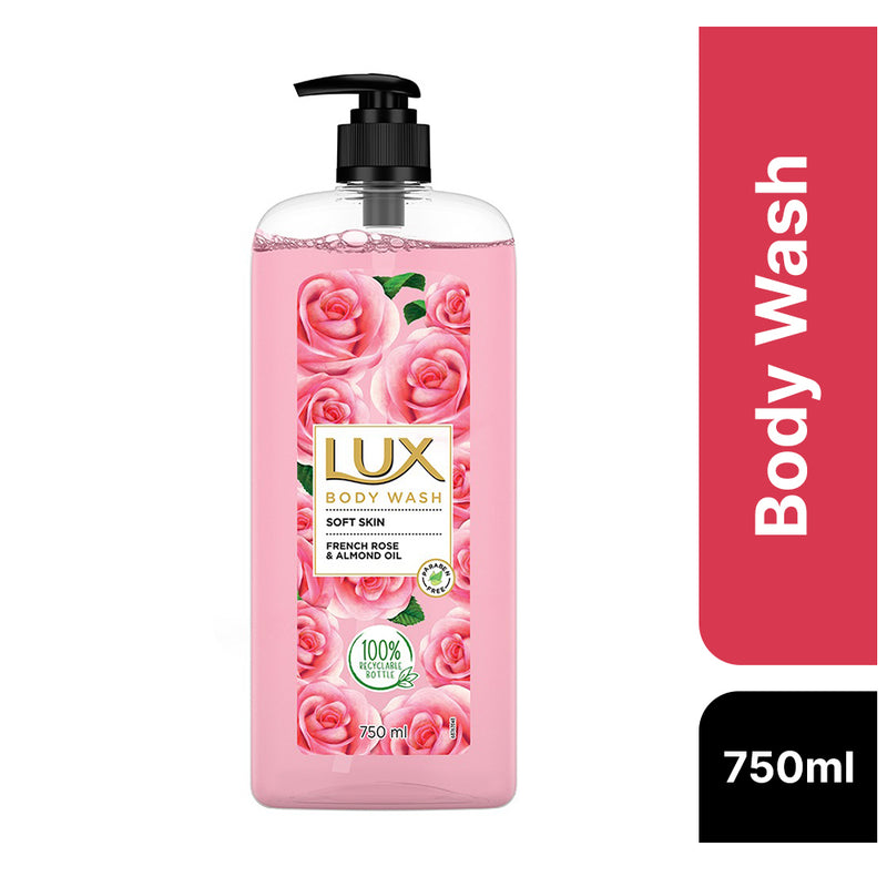 Lux Body Wash Soft Skin French Rose & Almond Oil SuperSaver XL Pump Bottle with Long Lasting Fragrance|| Glycerine|| Paraben Free|| Extra Foam|| 750 ml