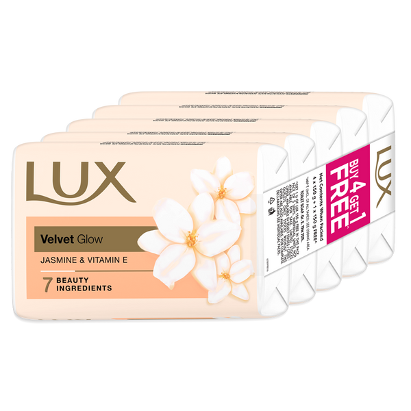 LUX Velvet Glow|Buy 4 get 1 free offer|Jasmine & Vitamin E bathing soap|For Glowing skin|Beauty Soaps|150g