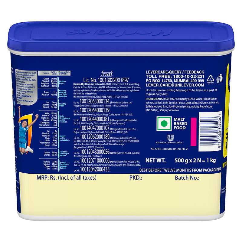 Horlicks Health & Nutrition Drink 500 g (Combo Pack of 2)|| For immunity and 5 signs of growth - With Free Container Offer (Classic Malt)