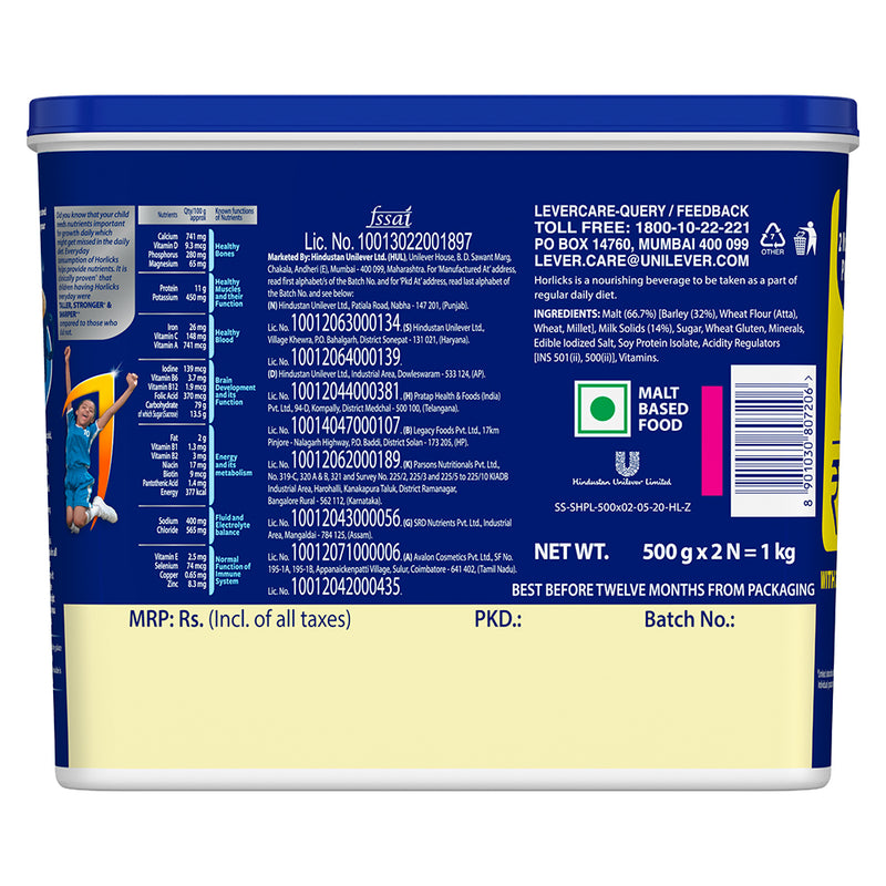 Horlicks Health & Nutrition Drink 500 g (Combo Pack of 2)|| For immunity and 5 signs of growth - With Free Container Offer (Classic Malt)