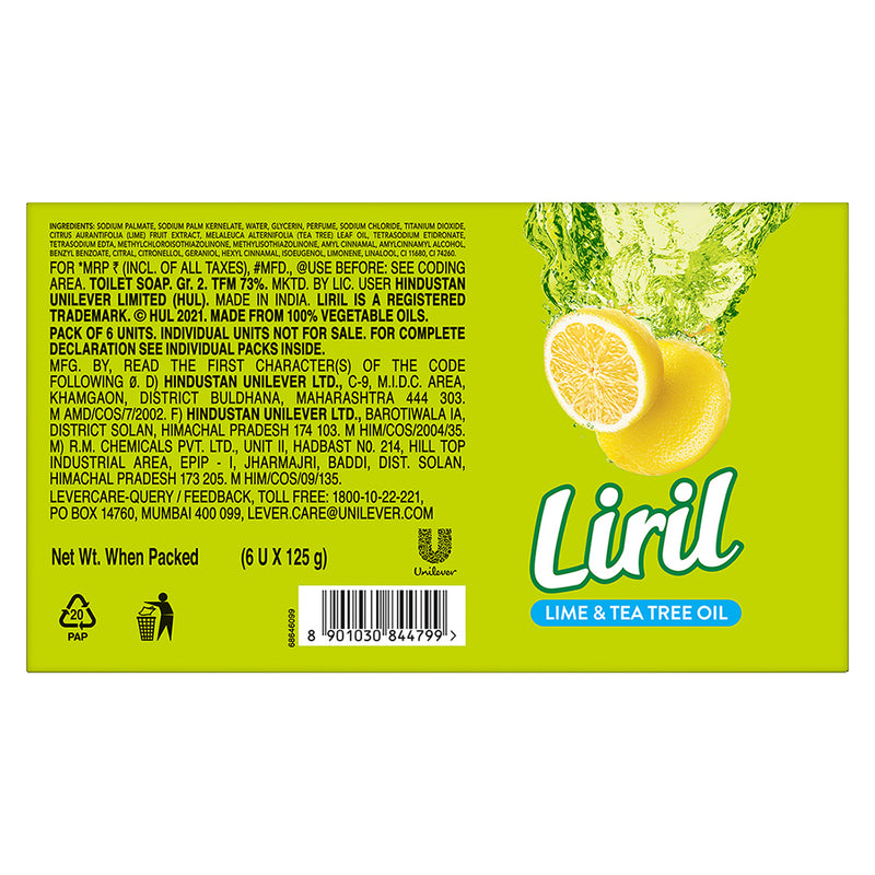 Liril Lime and Tea tree oil soap Pack of 6. Refreshing bathing soap. Paraben & Sulphate cleanser free soap. 100% natural lemon extract & tea tree oil