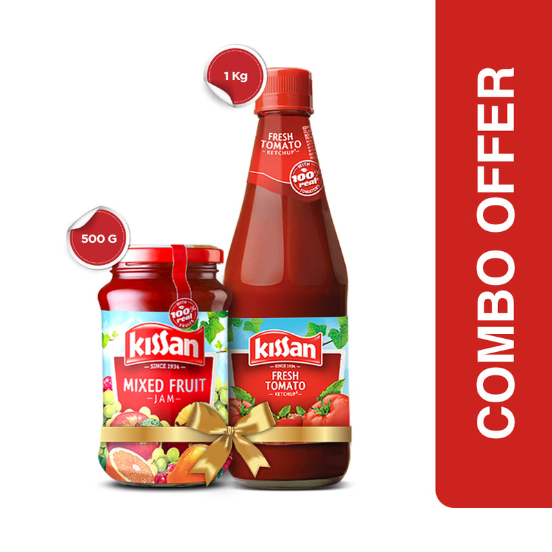Kissan Fresh Tomato Ketchup 1KG Glass Bottle and Kissan Jam Mix Fruit Jar 500g (Combo Pack)