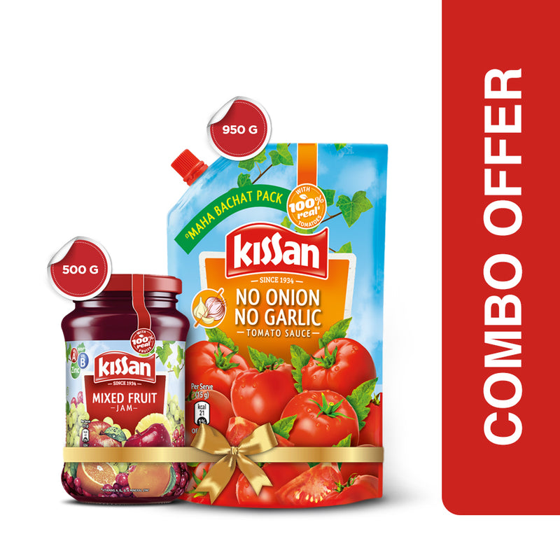 Kissan No Onion No Garlic Tomato Sauce 950G Pouch and Kissan Jam Mix Fruit Jar 500g (Combo Pack)
