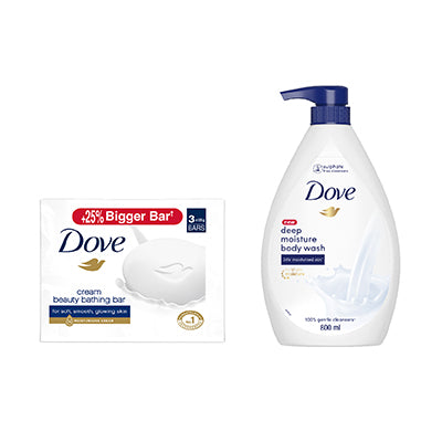 Dove Cream Beauty Bar - Soft, Smooth, Moisturised Skin, 3x125 g and Dove Deeply Nourishing Body Wash 800ml