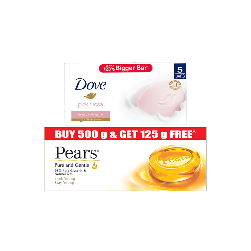 Dove Pink Beauty Bar - Soft, Smooth, Glowing Skin, 125g x 5 AND Pears Moisturising Bathing Bar Soap with Glycerine Pure & Gentle - For Golden Glow - (125g x 5)