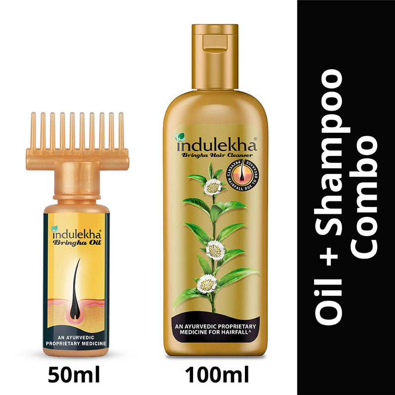Indulekha Bringha Oil, Clinically Proven to Grow New Hair, Reduces Hairfall, 100% Ayurvedic Oil, 50ml and Indulekha Bringha Shampoo, Proprietary Ayurvedic Medicine for Hairfall, 100ml(Combo Pack)