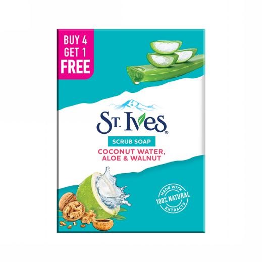 St Ives Coconut Water & Aloe Vera bathing scrub soap| Exfoliating soap with Walnut & Coconut | For Natural Glowing skin| Buy 4 Get 1 Free  AND Pears Soft & Fresh Bathing Bar with 98% Pure Glycerine & Mint Extracts - For Fresh Glow (125g x 4)