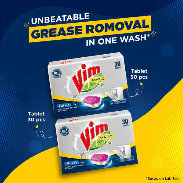 Vim Matic Dishwash All In One Tablets, 30 Tablets Pack of 2 (Combo Pack)