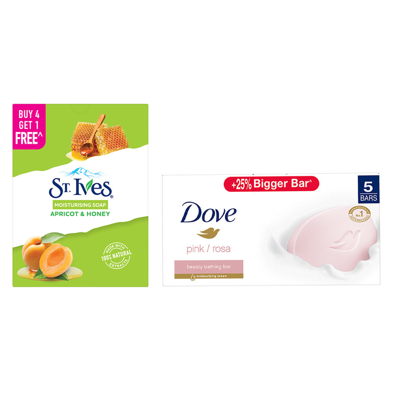 St Ives Apricot & Honey bathing scrub soap| Exfoliating soap with Walnut | For Natural glowing skin Buy 4 Get 1 Free  AND Dove Pink Beauty Bar - Soft, Smooth, Glowing Skin, 125*5g