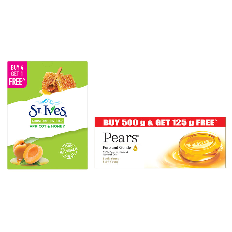 St Ives Apricot & Honey bathing scrub soap| Exfoliating soap with Walnut| For Natural glowing skin Buy 4 Get 1 Free  AND Pears Moisturising Bathing Bar Soap with Glycerine Pure & Gentle - For Golden Glow - (125g x 5)