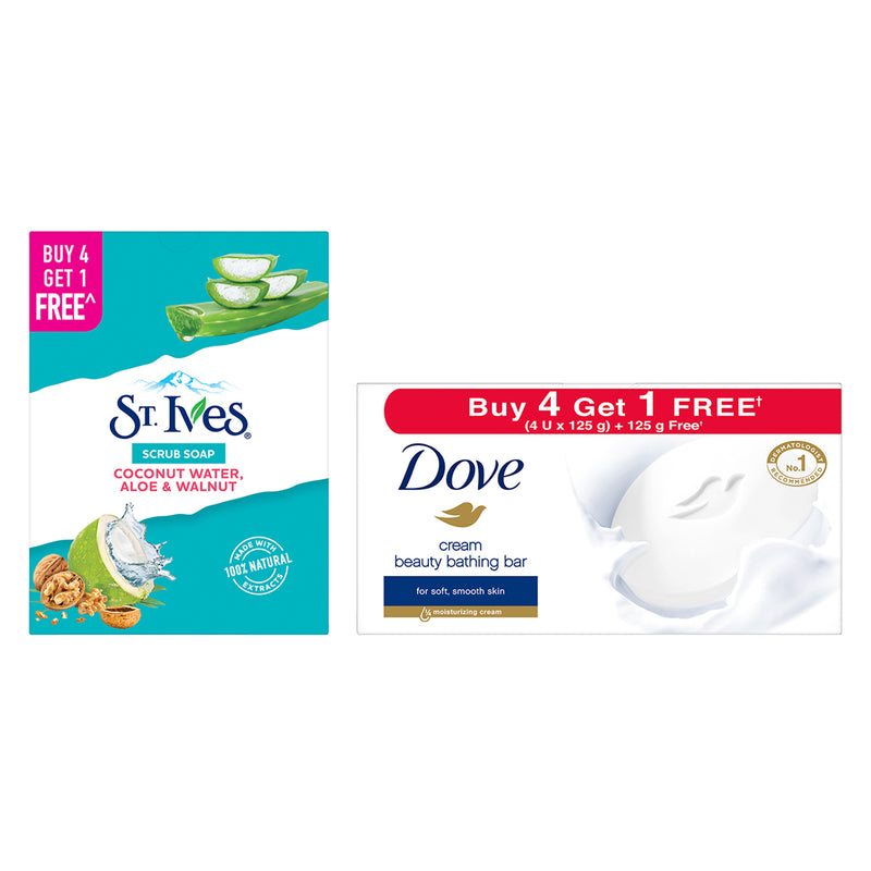 St Ives Coconut Water & Aloe Vera bathing scrub soap| Exfoliating soap with Walnut & Coconut|For Natural Glowing skin| Buy 4 Get 1 Free  AND Dove Cream Beauty Bar - Soft, Smooth, Moisturised Skin, 125 g (Buy 4 Get 1 Free)