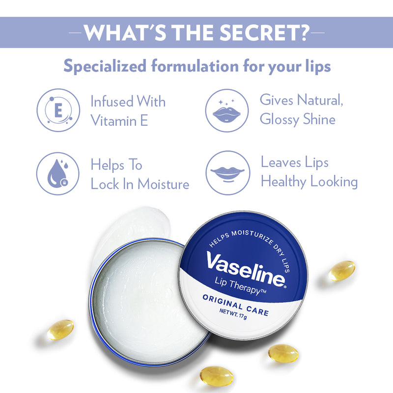 Vaseline Lip Tin, Original Care, Infused with Vitamin E for Healthy Lips & Natural Glossy Shine. Moisturizes & Hydrates Dry, Chapped Lips. 17g