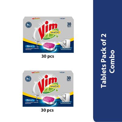 Vim Matic Dishwash All In One Tablets, 30 Tablets Pack of 2 (Combo Pack)