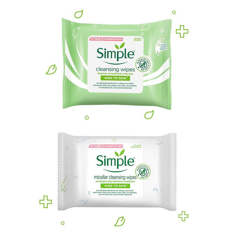 Simple Kind to Skin Cleansing Facial Wipes & Micellar Cleansing Wipes Combo - (25 Wipes + 25 Wipes)
