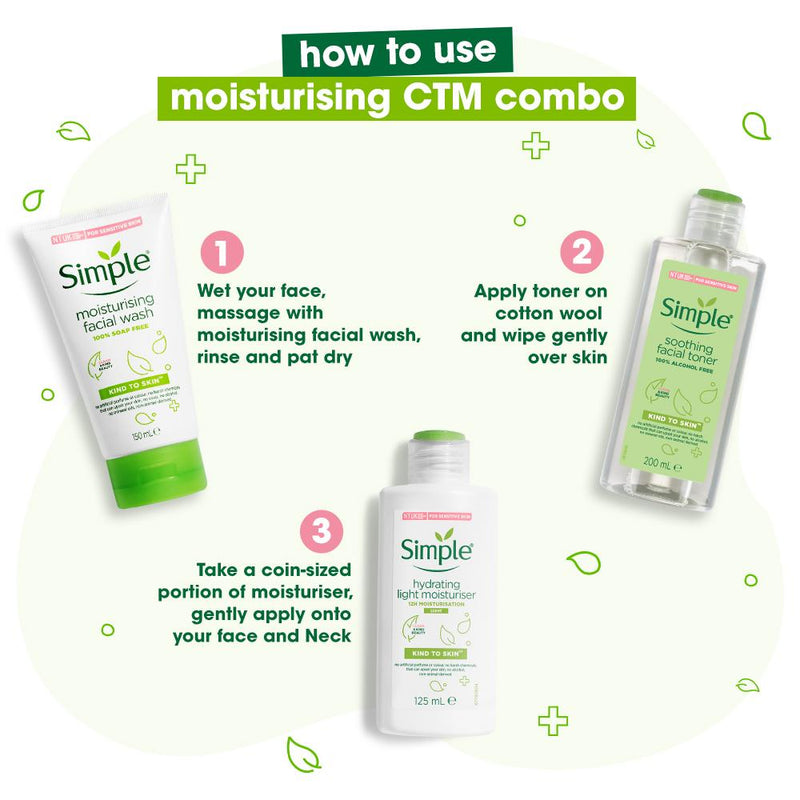 Simple Kind to Skin Moisturising Facial Wash, Soothing Facial Toner & Hydrating Light Moisturiser Combo - (150ml +200ml +125ml)