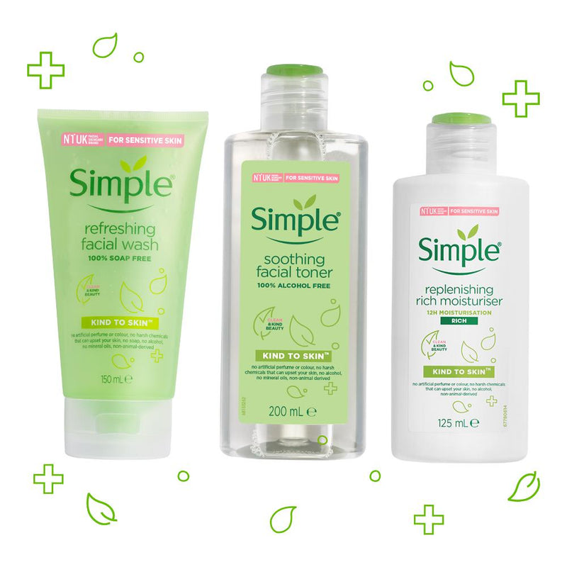 Simple Kind to Skin Refreshing Facial Wash, Soothing Facial Toner & Replenishing Rich Moisturiser Combo - (150ml +200ml +125ml)