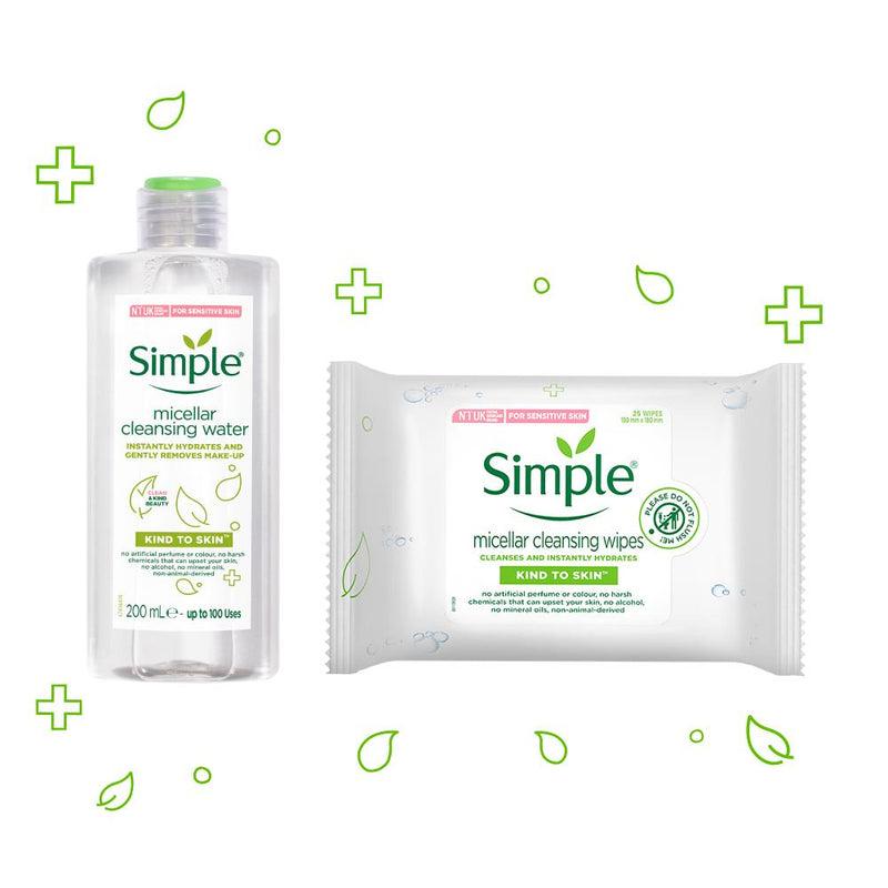 Simple Kind to Skin Micellar Cleansing Water & Micellar Cleansing Wipes Combo - (200ml + 25 Wipes)